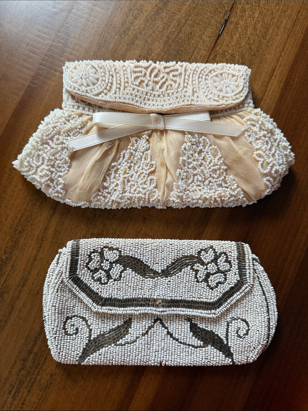 Set of 2 1930s Cream White Beaded Bow Accent Evening Wedding Clutch or Wallet